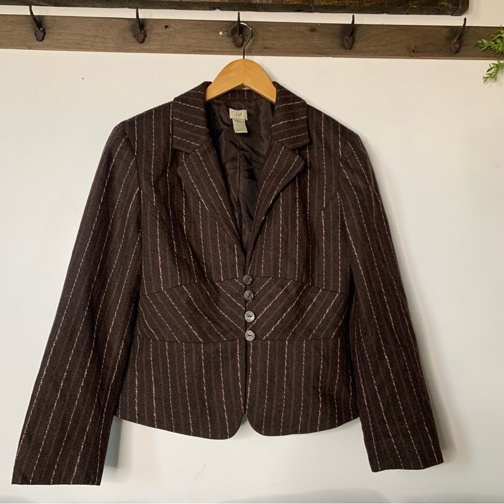 J.Jill Tweed Wool Blend Blazer Jacket Size 10 Petite Brown Pink Button Lined